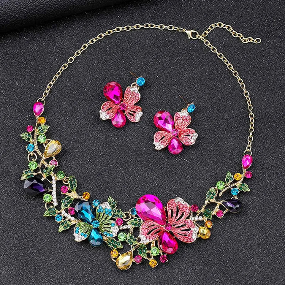 Zlxgirl jewelry Classice Fashion women's wedding jewelry sets colorful Enamel flower necklace with earring accessory