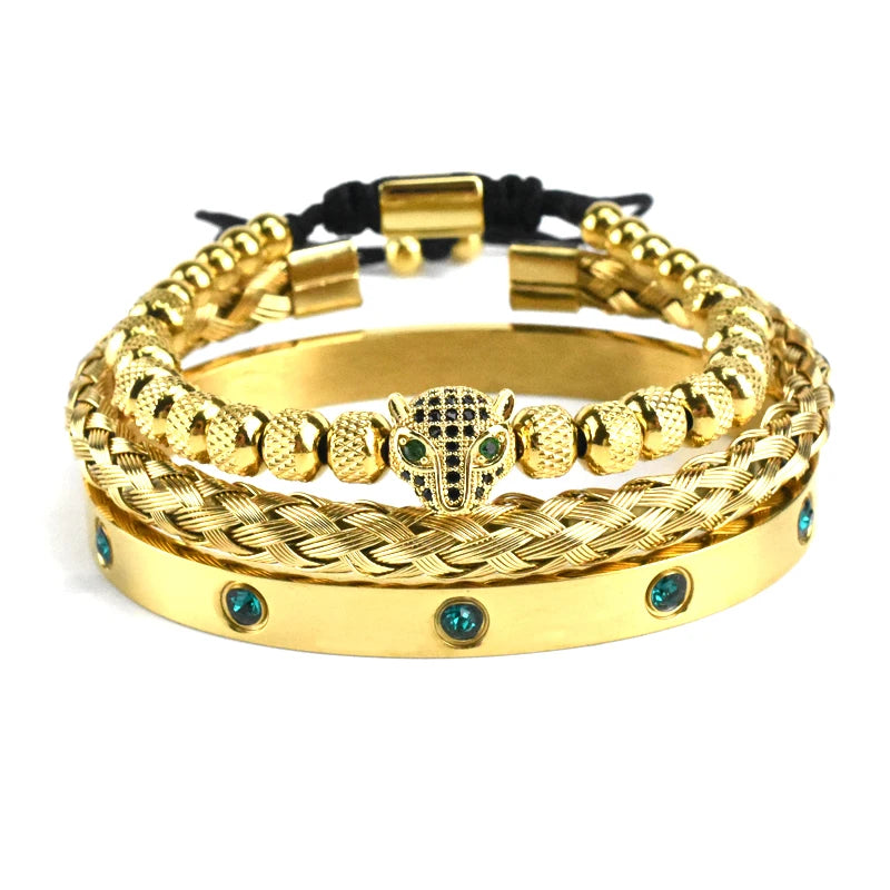 Luxury Set Green Eye Leopard Head Charm Handmade Man Bracelet Crystals Women Stainless Steel Bangles Jewelry