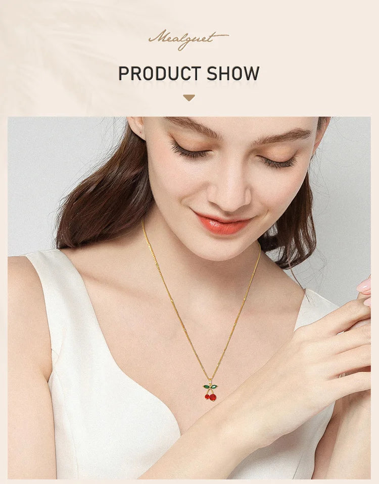 Cherry Charms Necklace for Women,14K Gold Plated Stainless Steel Chain Birthday Gift