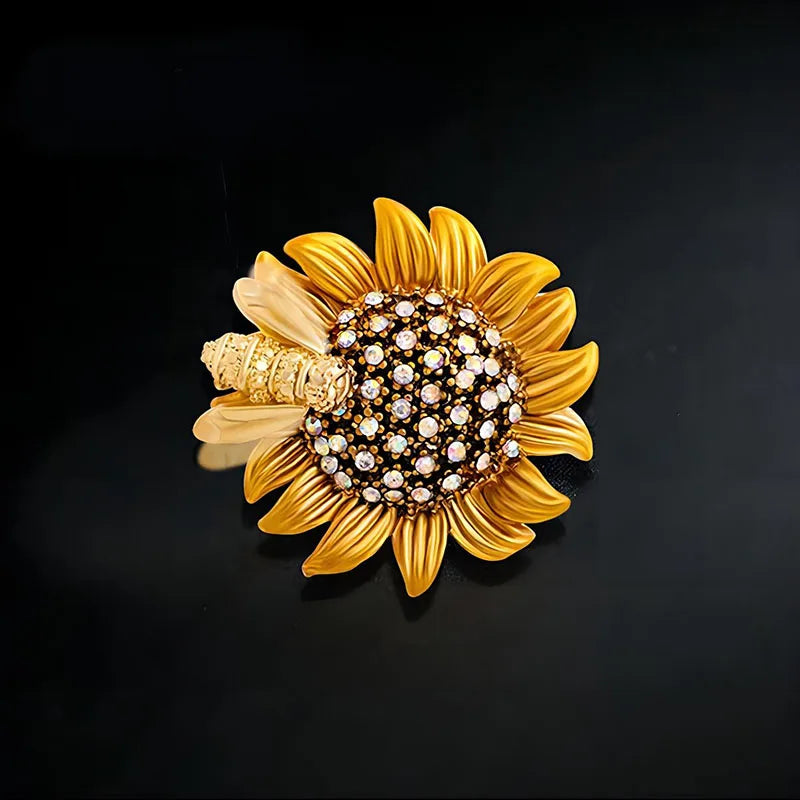 Trendy Sunflower Bee Alloy Zirconia Brooches For Women Girls Gold Color Flower Metal Crystal Jewelry Party Birthday Daily