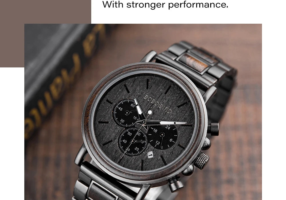 BOBO BIRD Wood Men Watch Relogio Masculino Top Brand Luxury Stylish Chronograph Military Watches Timepieces in Wooden Gift Box