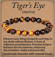 {Rich and Fortune} Tiger Eye Bracele Handmade Natural Gemstone Elastic Bracelet Crystal Stone Beads Jewelry Gifts for Women Men