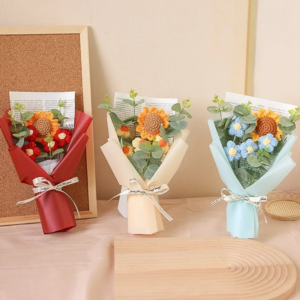 Artificial Flower Crochet Bouquet Handmade Anniversary Sunflower Daisy Bouquet Mothers Day Birthday Gift Eternal Flower