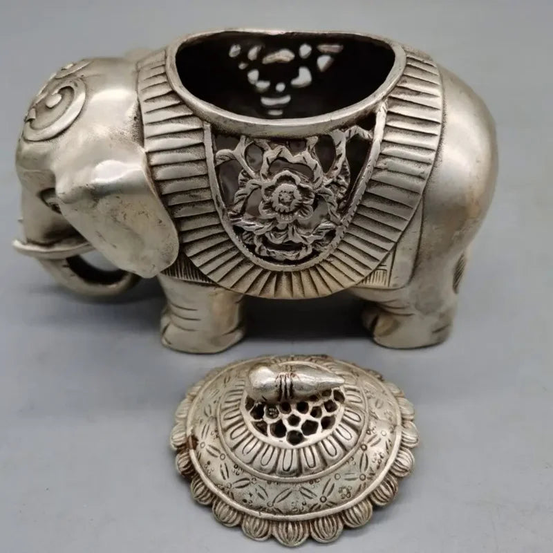 Chinese Buddhism Temple Silver Auspicious Elephant Statue Incense Burner Censer