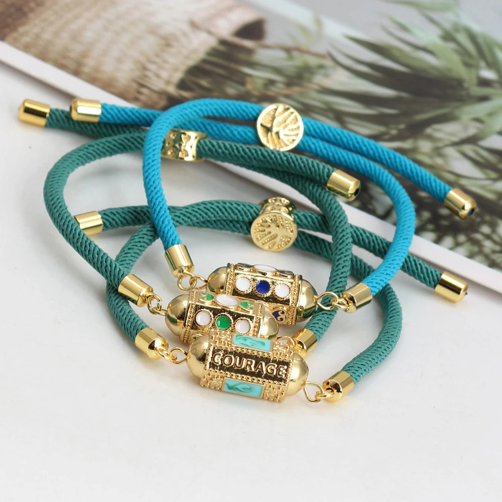 Enamel Tube Spacer Colored Zircon Beads Charm Bracelet For Women Adjustable Leaf Buckle Pull Rope Boho Summer Beach Jewelry Gift