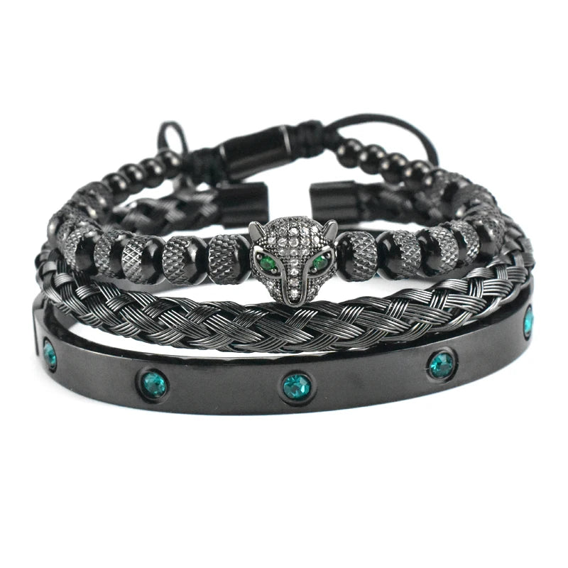 Luxury Set Green Eye Leopard Head Charm Handmade Man Bracelet Crystals Women Stainless Steel Bangles Jewelry