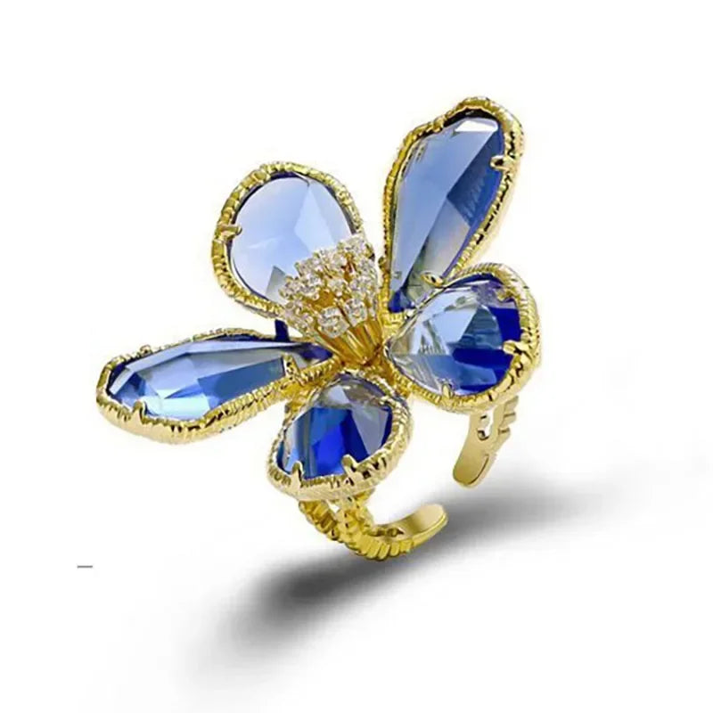 Fashion Elegant Crystal Flower Open Ring for Women 2024 New Luxury Wedding Party Jewelry Accessories Christmas Gifts