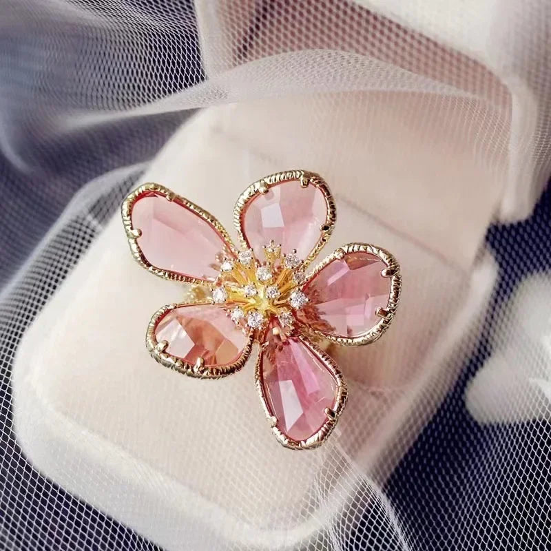 Fashion Elegant Crystal Flower Open Ring for Women 2024 New Luxury Wedding Party Jewelry Accessories Christmas Gifts