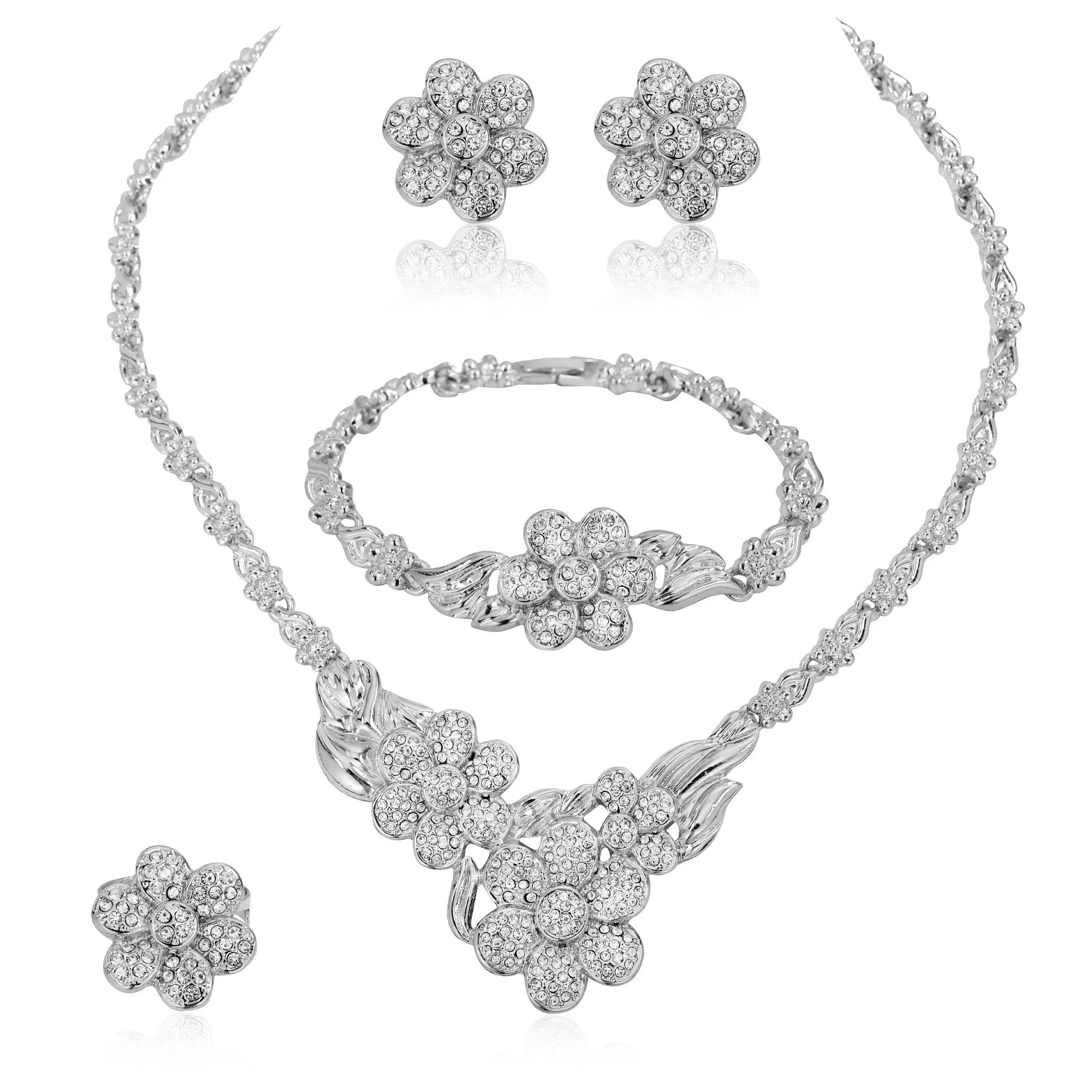 Elegant Women's Jewelry Set with Exquisite Flower Pendant Necklace Earrings  Ring and Gold-plated Bracelet Holiday Gifts