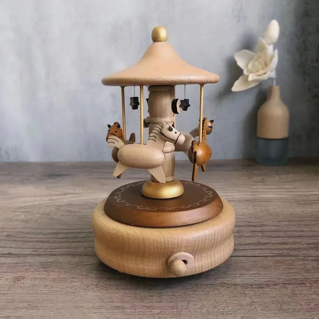 Wooden Carousel Music Box Ornaments Rotatable Hand-cranked DIY Handmade Birthday Christmas Gift Children’s Toys 크리스마스 뮤직 오르골