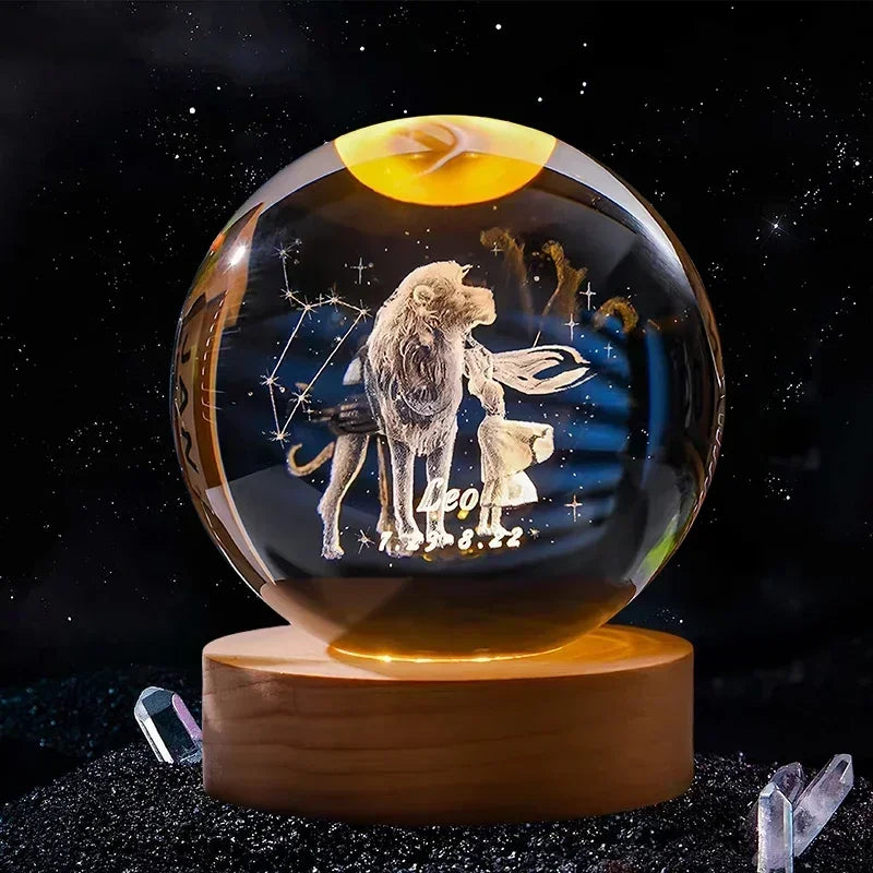 Hot 6cm 3D Crystal Ball Glass Craft Decoration 12 Constellation Birthday Gift Wooden Base Home Desktop Decor Children's Gifts