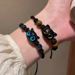 2pcs Cute Natural Stone Black Cat Bracelet for Women Men Fashion Cartoon Animal Beaded Bracelets Handmade Fashion Girl Jewelry