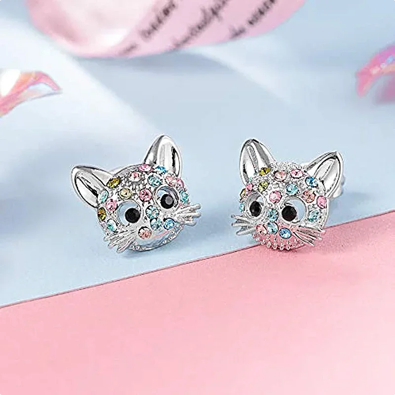 FashionColorful Rhinestone Decor Kitty Pendant Necklace Earring Set Elegant and Fashionable Jewelry Accessories for Womenniche S