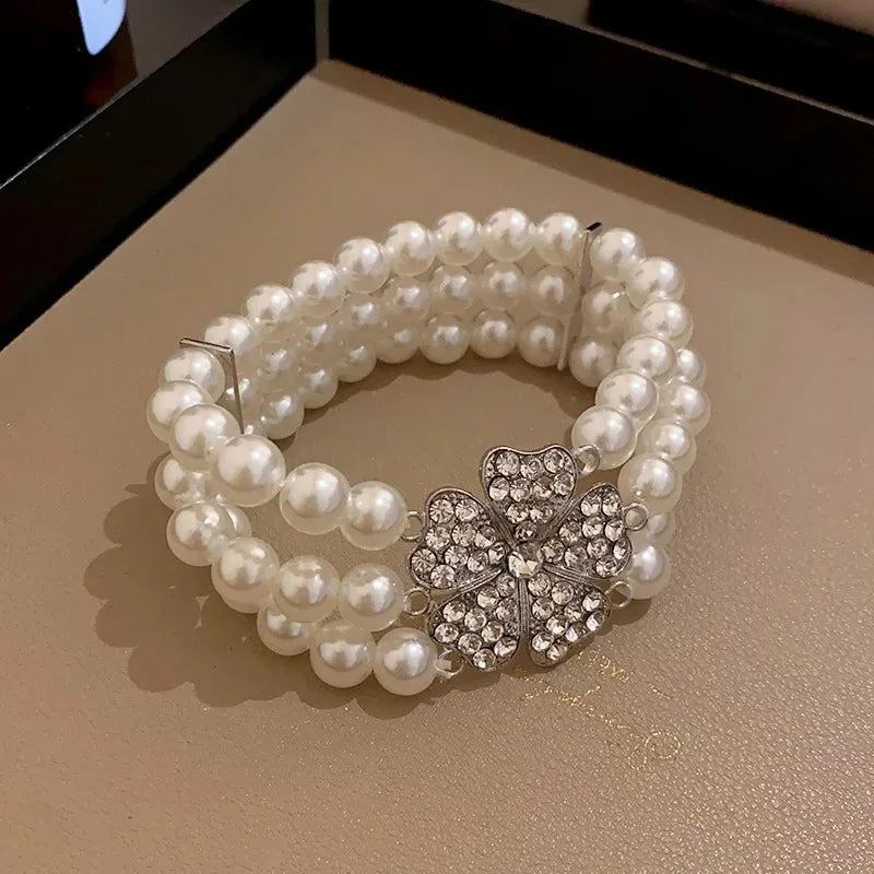 Flower Party Necklaces Women French Luxury Imitation Pearl Multi-layer Necklaces Bracelet Earrings Shiny Rhinestone Jewelry Sets