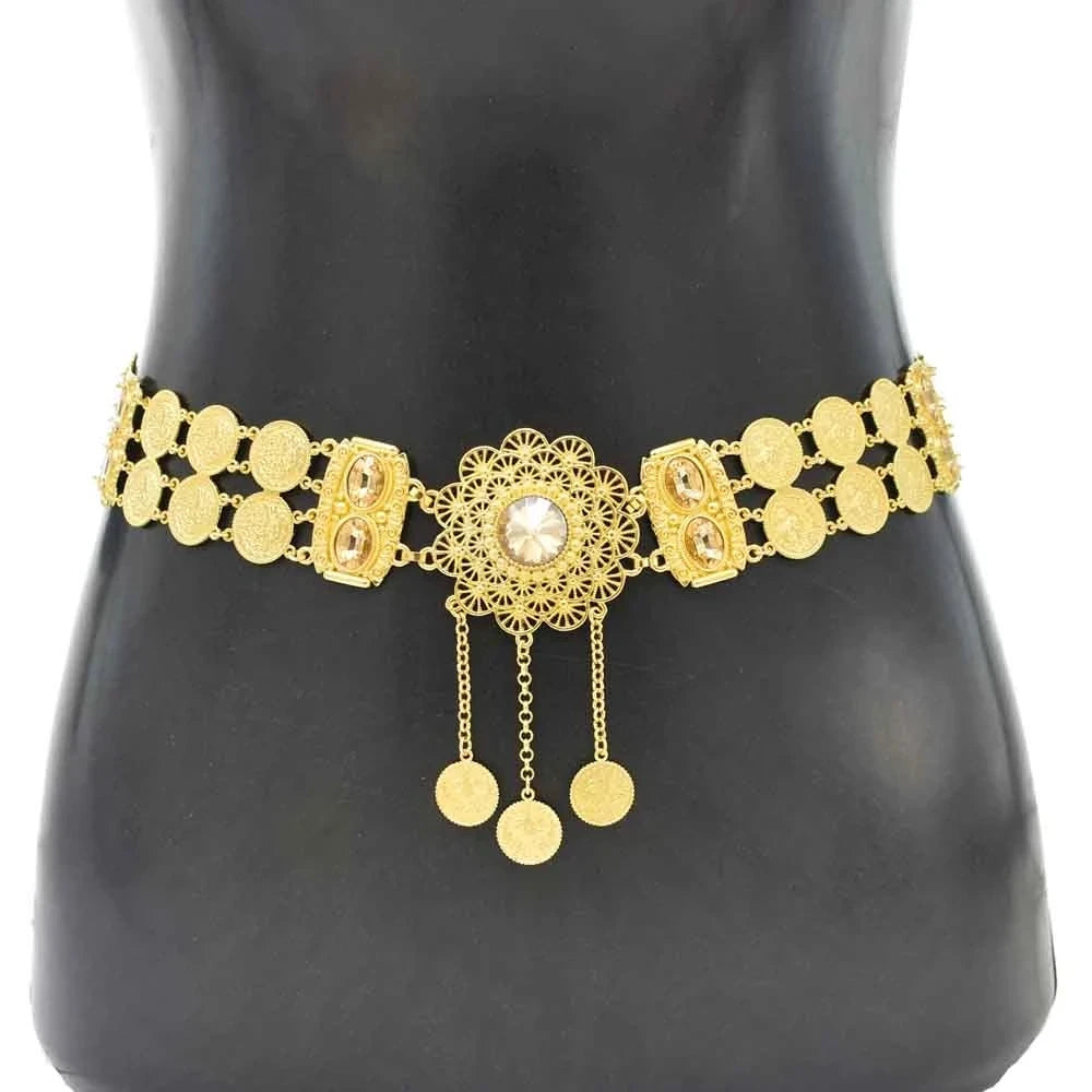 Bohemian Blue Stone Belly Chains for Women Vintage Metal Coin Tassel Flower Bikini Dance Waist Body Chain Party Jewelry Gift