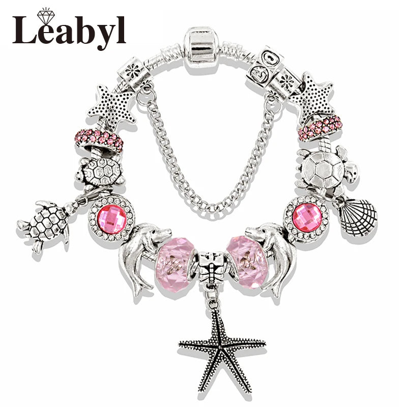 Dropshipping HOT Pink Crystal Heart Shell Charm Bracelet Silver Plated Turtle Starfish DIY Beaded Bracelets Casual Jewelry Gift