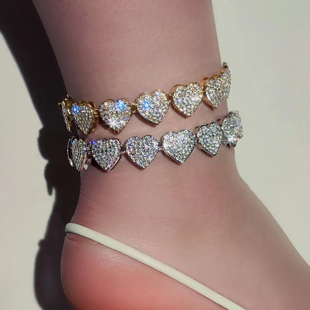 Fashion Shiny Full Rhinestone Heart Anklets Bracelet For Women Iced Out Crystal Cuban Link Chain Anklet Summer Barefoot Jewelry
