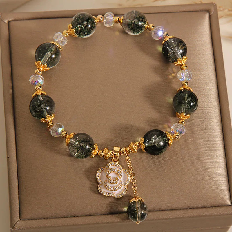 Fashion Green Crystal Bracelet Luxury Women's Rose Pendant Beaded Charm Bangles Birthday Wedding Party Jewelry Gift Wholesale