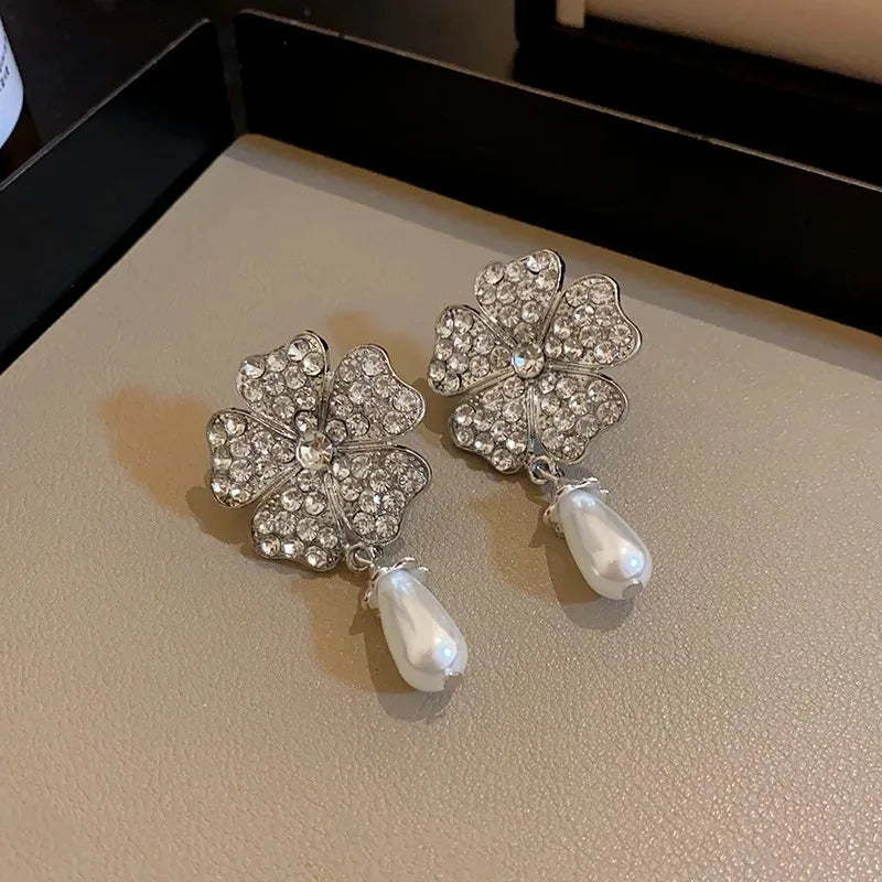 Flower Party Necklaces Women French Luxury Imitation Pearl Multi-layer Necklaces Bracelet Earrings Shiny Rhinestone Jewelry Sets