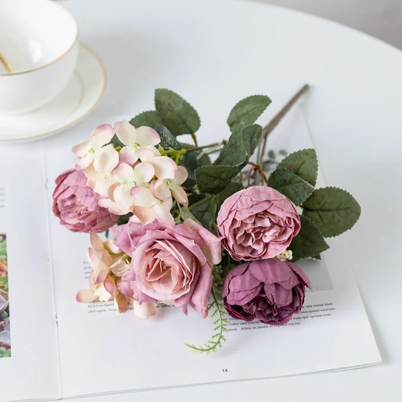 Cheap Silk Hydrangea Spring Wedding Garden Roses Bridal Bouquet Festival Decoration Vase Home Room Fake Peony Artificial Flowers