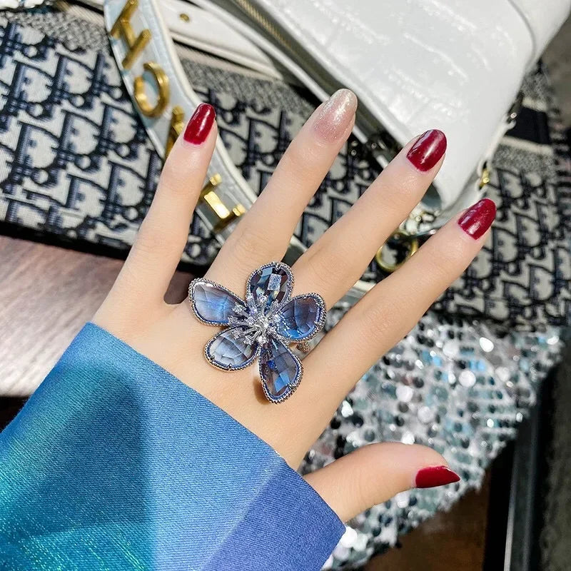Fashion Elegant Crystal Flower Open Ring for Women 2024 New Luxury Wedding Party Jewelry Accessories Christmas Gifts