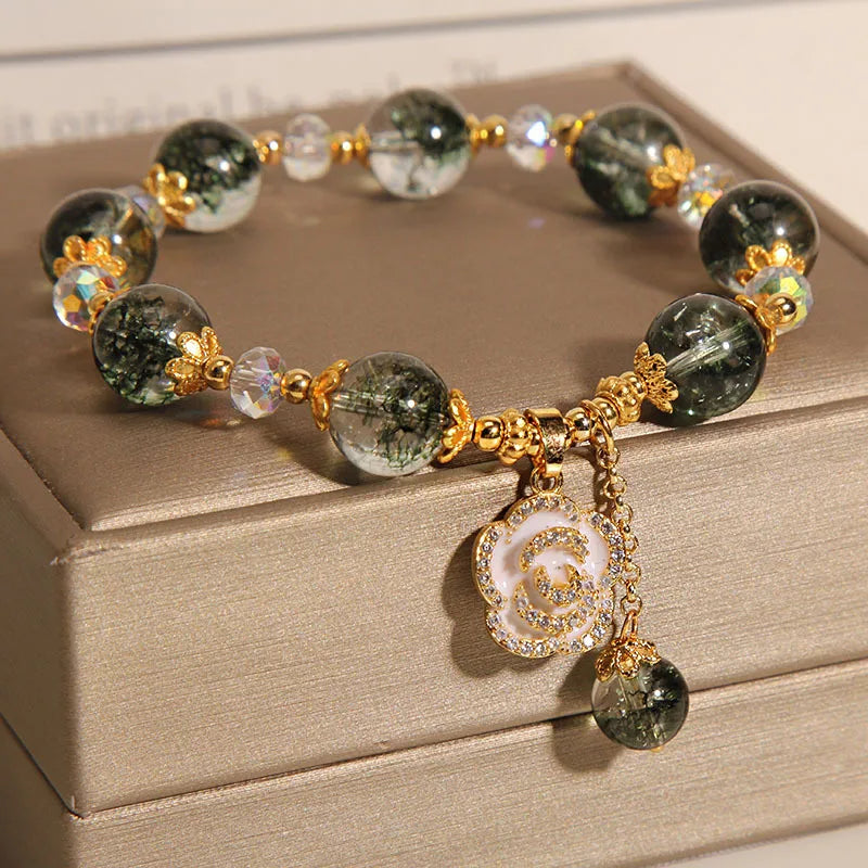 Fashion Green Crystal Bracelet Luxury Women's Rose Pendant Beaded Charm Bangles Birthday Wedding Party Jewelry Gift Wholesale