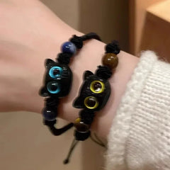 2pcs Cute Natural Stone Black Cat Bracelet for Women Men Fashion Cartoon Animal Beaded Bracelets Handmade Fashion Girl Jewelry