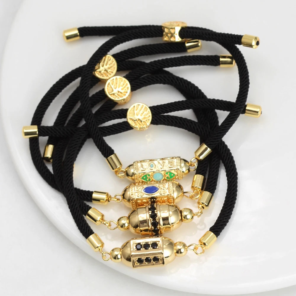 Enamel Tube Spacer Colored Zircon Beads Charm Bracelet For Women Adjustable Leaf Buckle Pull Rope Boho Summer Beach Jewelry Gift