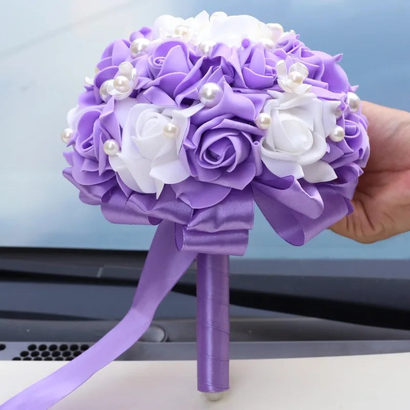 1pc Purple Bridal Bouquets for Wedding Pearl Flower Rose Bouquet Proposal Ball Confession Surprise Gift Ceremony Bridesmaid Prop