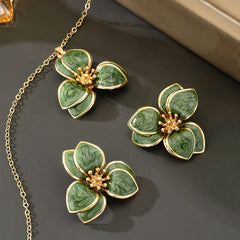 New Trendy Green Enamel Flowers Pendant Necklace for Women Fashion Luxury Girls Lucky Chain Birthday Earring Post Jewelry Gifts