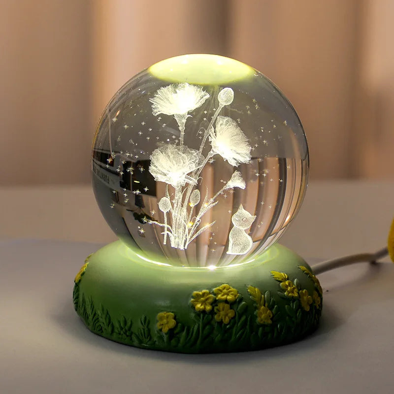 Carved Rose Carnation Flower Crystal Ball Small Night Lamp Home Warm Small Ornaments Birthday Gift Gift