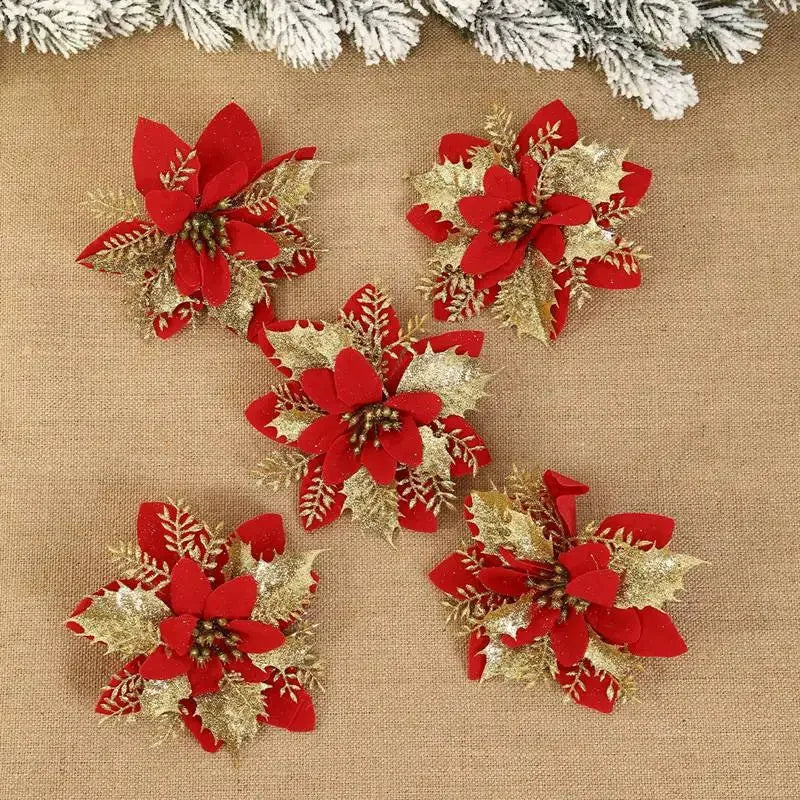 Christmas Glitter Artificial Flowers Christmas Tree Hanging Ornaments Fake Flower for Home 2024 Xmas New Year 2025 Navidad Gift