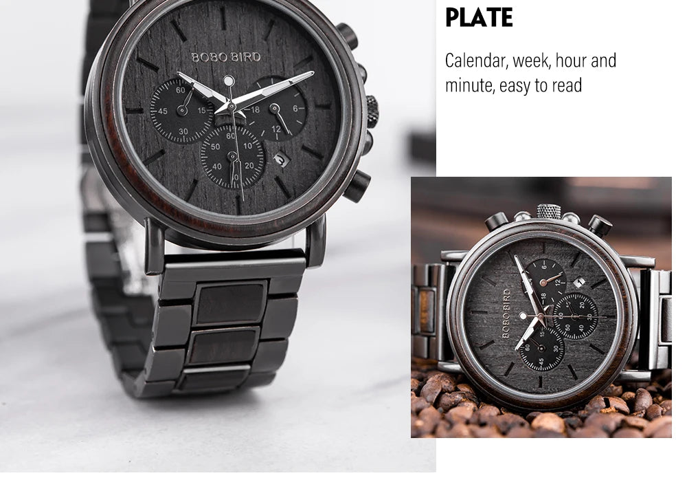 BOBO BIRD Wood Men Watch Relogio Masculino Top Brand Luxury Stylish Chronograph Military Watches Timepieces in Wooden Gift Box