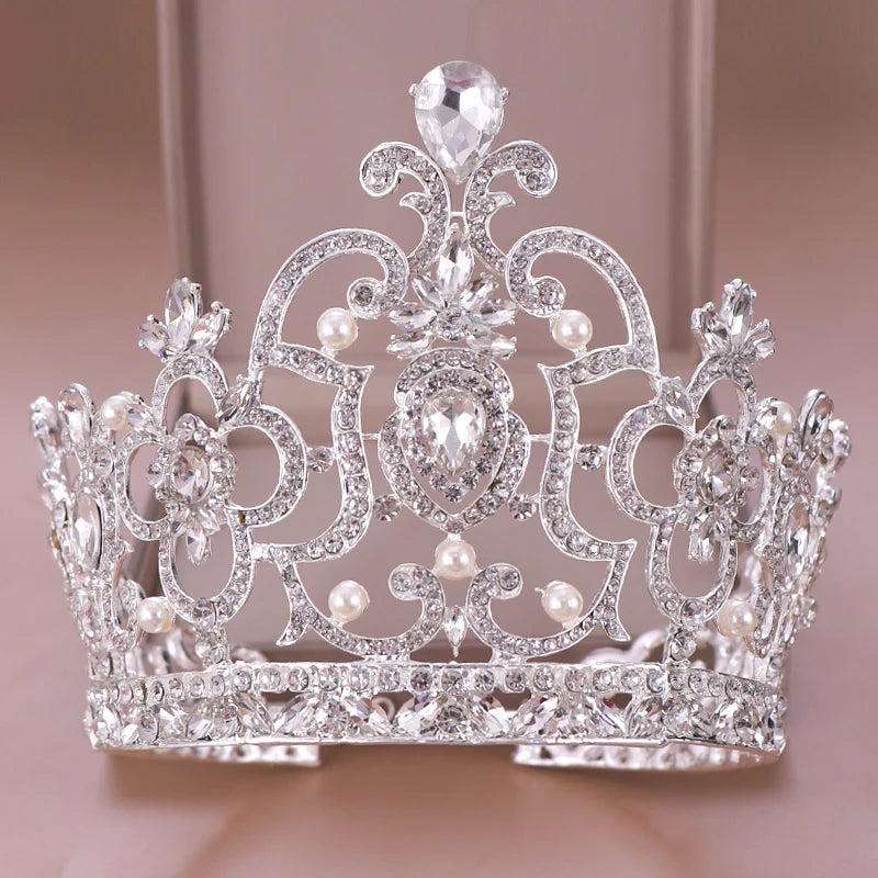 Baroque Vintage Crystal Pearl Big Tiara Crown Diadem Queen King Head Jewelry Bridal Tiaras Wedding Hair Accessories Ornaments