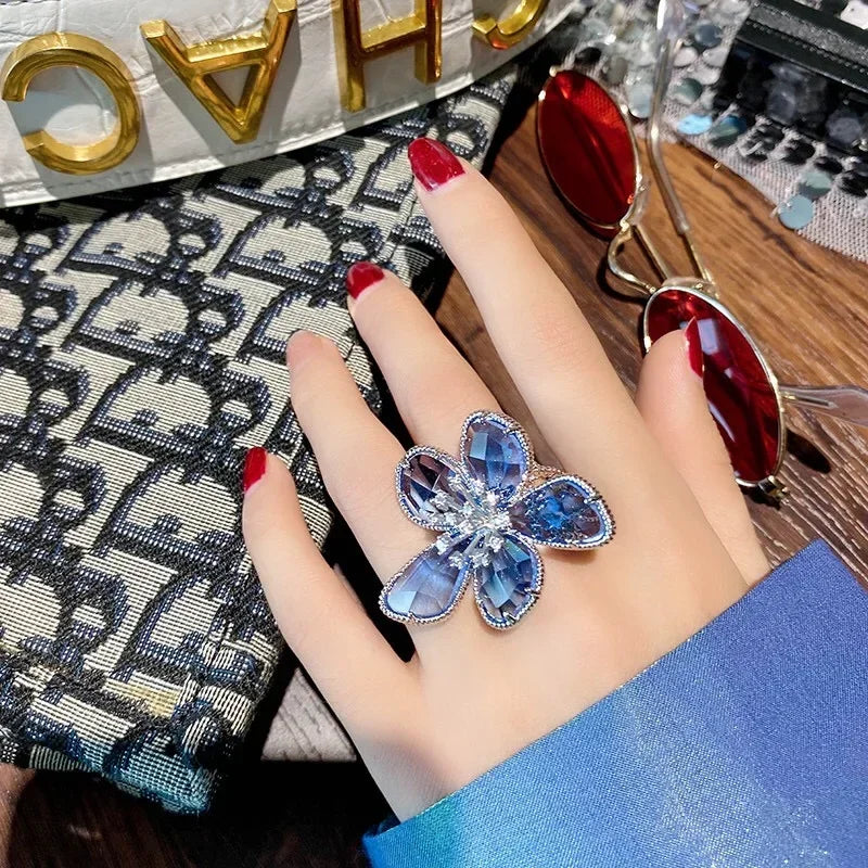 Fashion Elegant Crystal Flower Open Ring for Women 2024 New Luxury Wedding Party Jewelry Accessories Christmas Gifts
