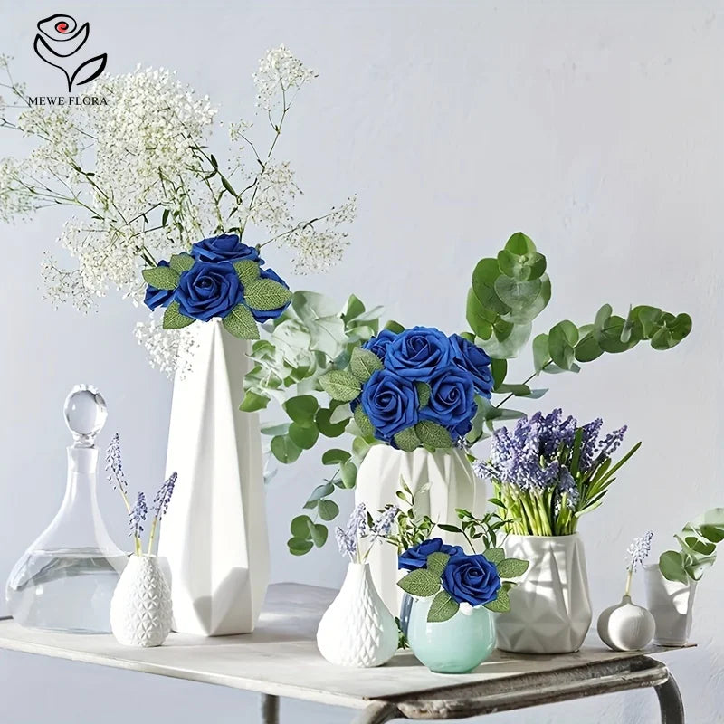 30pcs Artificial Blue Rose Flowers Fake Foam Roses With Stems Wedding Party DIY Decoration Faux Flower Boho Home Room Vase Decor