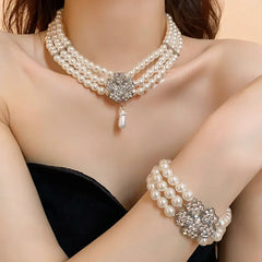 Flower Party Necklaces Women French Luxury Imitation Pearl Multi-layer Necklaces Bracelet Earrings Shiny Rhinestone Jewelry Sets