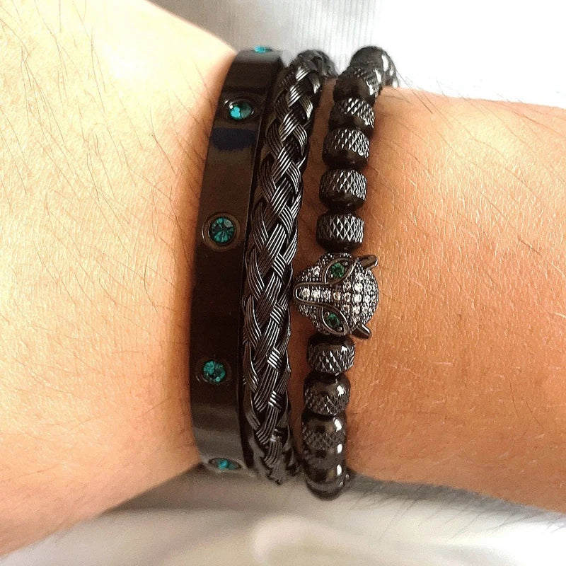 Luxury Set Green Eye Leopard Head Charm Handmade Man Bracelet Crystals Women Stainless Steel Bangles Jewelry