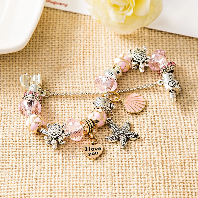 Dropshipping HOT Pink Crystal Heart Shell Charm Bracelet Silver Plated Turtle Starfish DIY Beaded Bracelets Casual Jewelry Gift