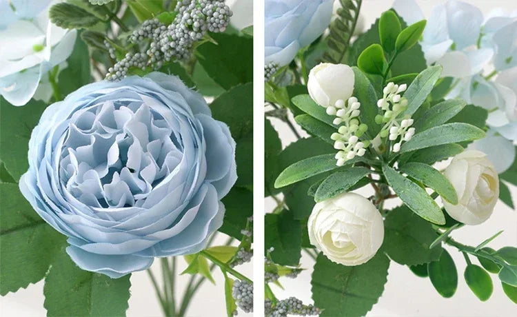 Blue Silk Bouquets Artificial Forest Hydrangea Peony Bud Wedding Bride Hand Bouquet Home Garden Desktop Flower Arrangement Decor