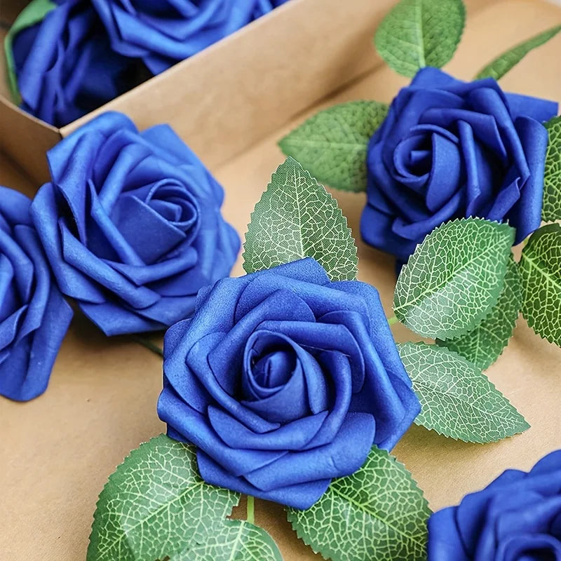 30pcs Artificial Blue Rose Flowers Fake Foam Roses With Stems Wedding Party DIY Decoration Faux Flower Boho Home Room Vase Decor