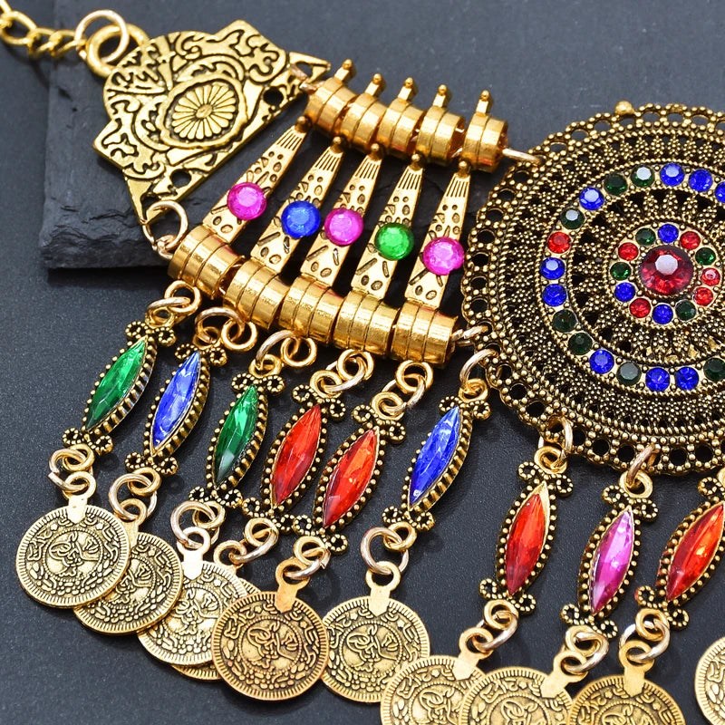 3PC Indian Afghan Jewerly Sets for Women Boho Ethnic Hairbands Necklace Earrings Coins Tassels Vintage Colorful Crystal Drop