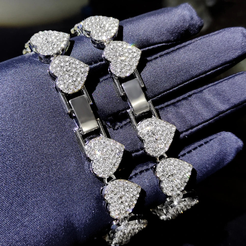 Fashion Shiny Full Rhinestone Heart Anklets Bracelet For Women Iced Out Crystal Cuban Link Chain Anklet Summer Barefoot Jewelry