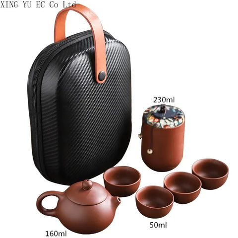 Chinese Travel Tea Set Portable Set Household Purple Clay One Pot Four Cups Tea Caddy Outdoor Travel Convenient Teapot Tea Cup