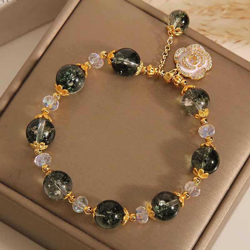 Fashion Green Crystal Bracelet Luxury Women's Rose Pendant Beaded Charm Bangles Birthday Wedding Party Jewelry Gift Wholesale