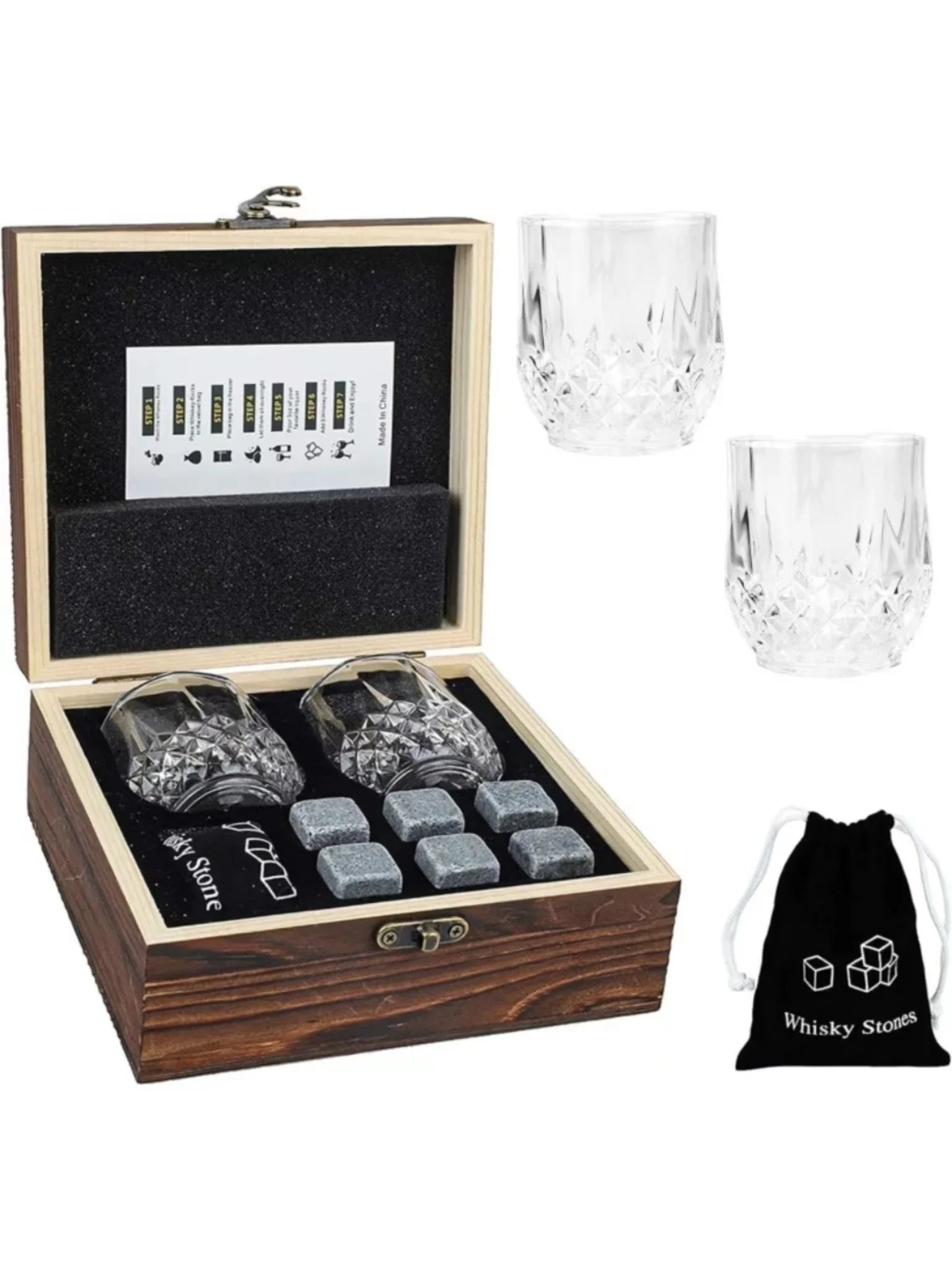 Father's Day Gift for Men Whiskey Stones Glasses Set Granite Ice Cube for Whisky in Wooden Bottle Box Present for Dad Husband