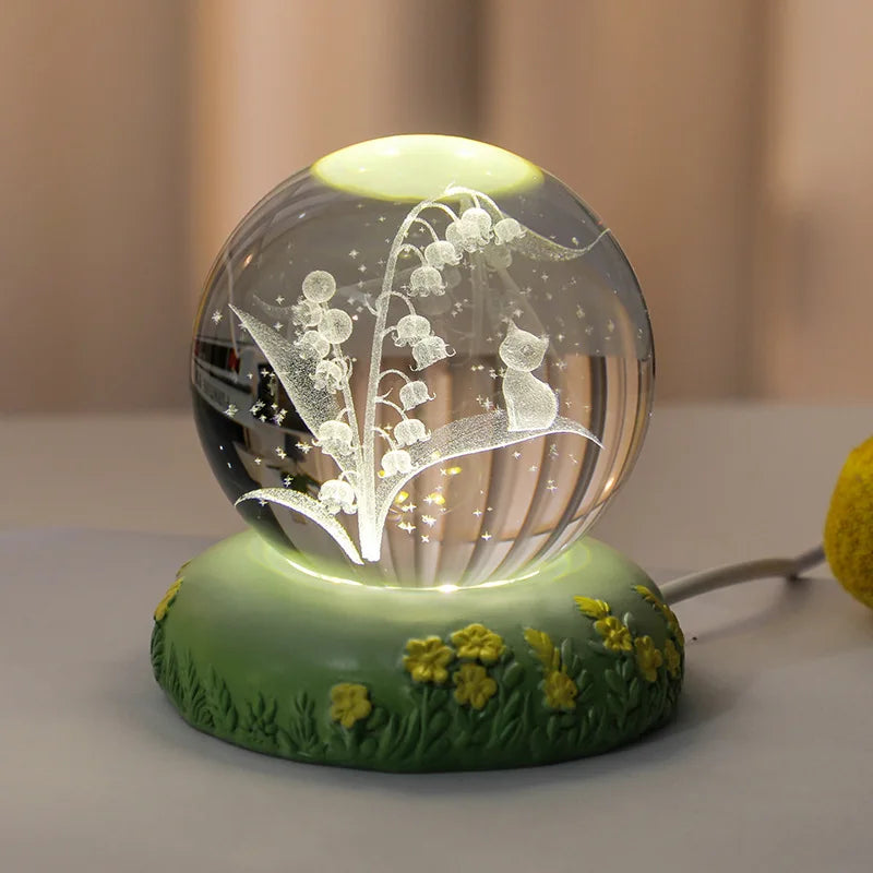 Carved Rose Carnation Flower Crystal Ball Small Night Lamp Home Warm Small Ornaments Birthday Gift Gift