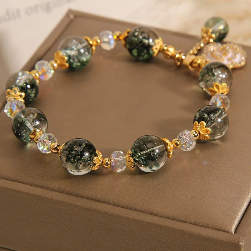 Fashion Green Crystal Bracelet Luxury Women's Rose Pendant Beaded Charm Bangles Birthday Wedding Party Jewelry Gift Wholesale