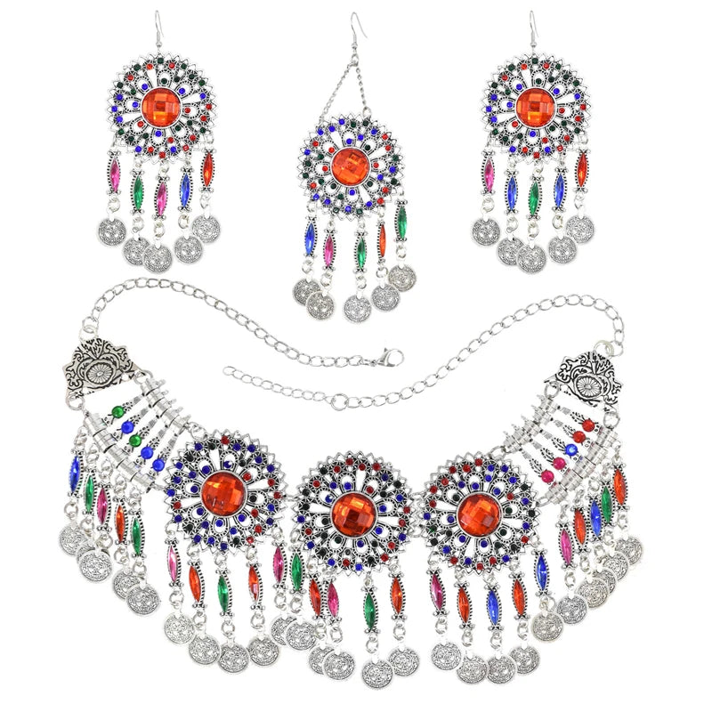 3PC Indian Afghan Jewerly Sets for Women Boho Ethnic Hairbands Necklace Earrings Coins Tassels Vintage Colorful Crystal Drop