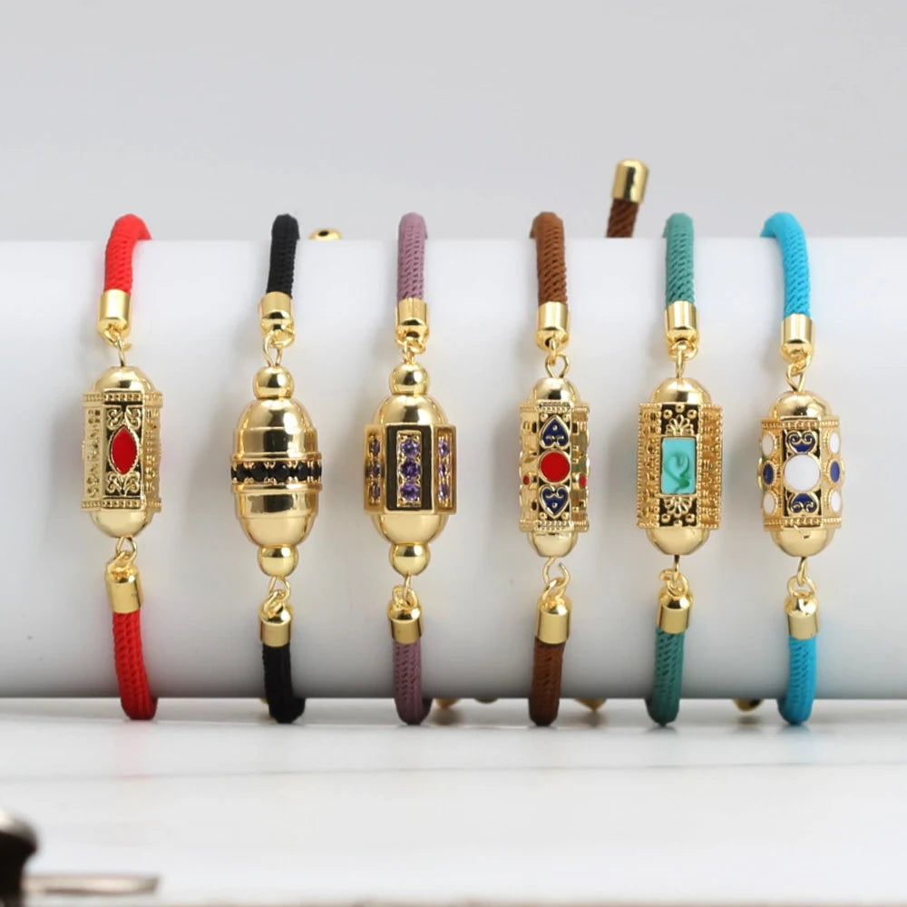 Enamel Tube Spacer Colored Zircon Beads Charm Bracelet For Women Adjustable Leaf Buckle Pull Rope Boho Summer Beach Jewelry Gift